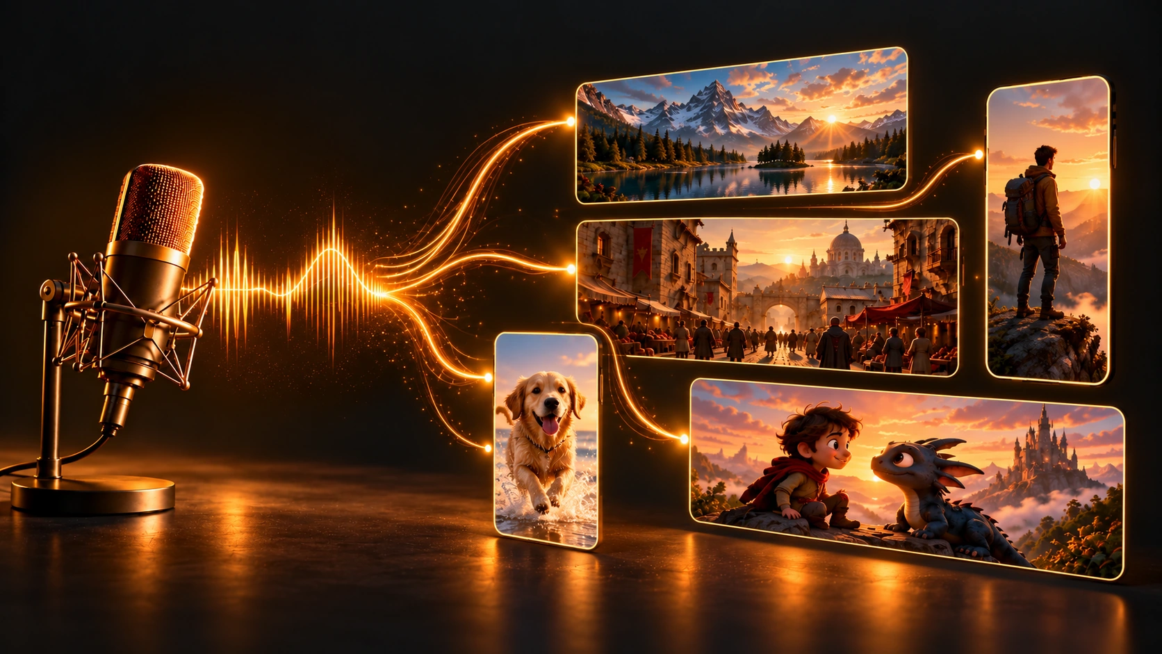 Microfone dourado conectado a cenas de natureza, cidade histórica, aventura, um cachorro e animação, em formatos horizontais e verticais.